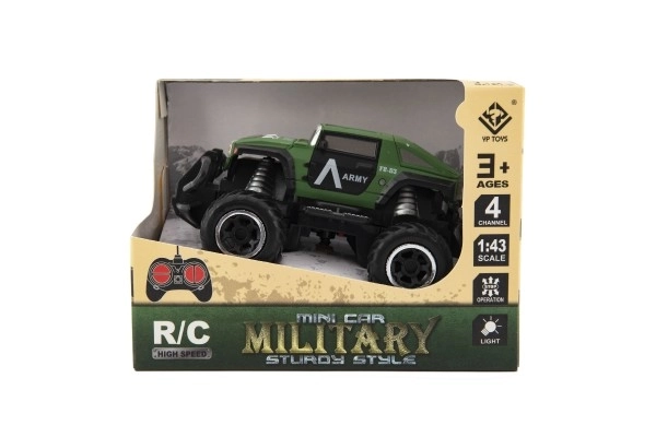 Auto RC mini vojenské SUV plast 14cm 27MHz na dálk. ovl. na bat. se světl. 2 barvy v krab. 16x12x10