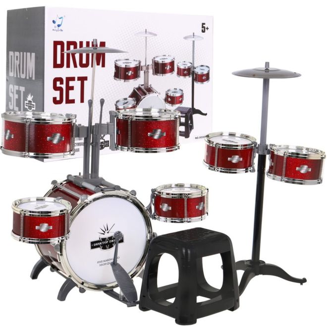 Červené bicí se 7 bubny pro děti 5+ Stolička + 2 činely + 2 paličky 12 el.
