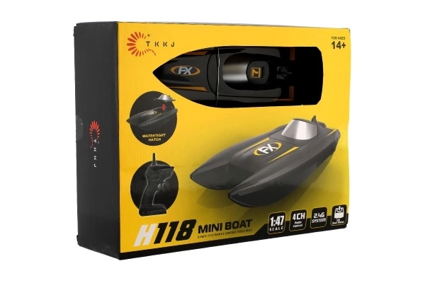 Motorový člun/loď do vody RC plast 22cm černý na baterie+dob. pack+USB 2,4Ghz v krabici 29x22x9cm