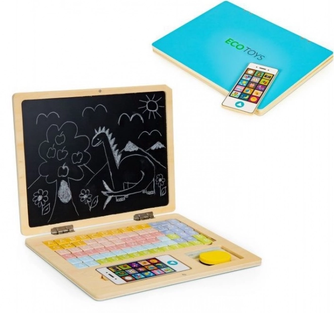 ECOTOYS Dřevěný notebook s magnetickým monitorem - modrý