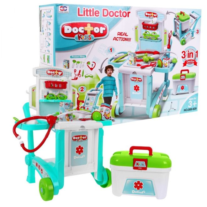 Přenosný lékařský kabinet pro děti 3+ Kufr + stůl + 2 typy vozíku + příslušenství