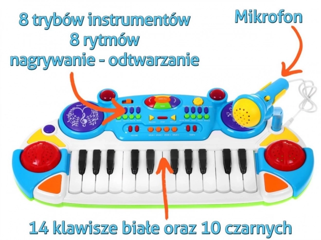 Modrá hudební sada Klávesy + bubny + mikrofon pro děti 3+ Světla + zvuky 2 oktávy