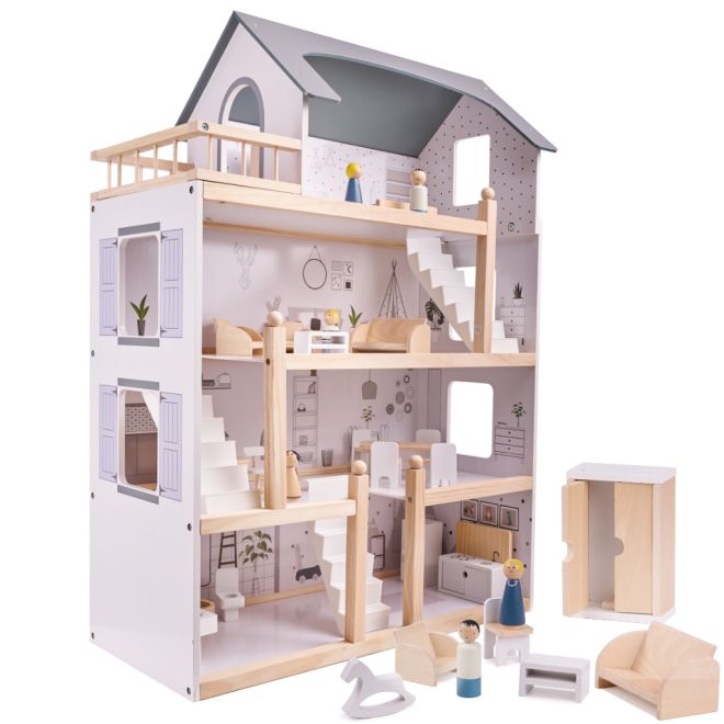 Světlý dřevěný domeček pro panenky s nábytkem - 80cm