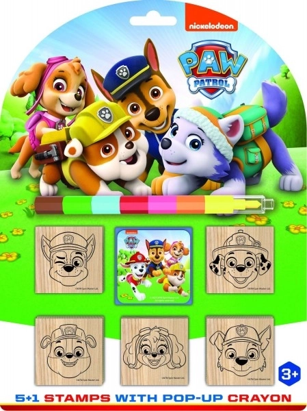 Razítka 5+1 s poduškou dřevěná 5x5cm s voskovkou Tlapková patrola/Paw Patrol na kartě