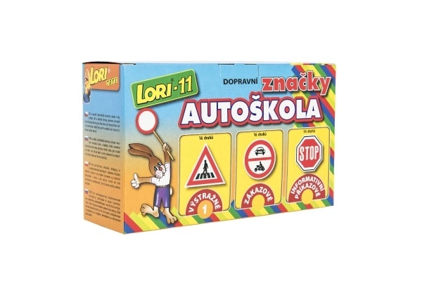 Stavebnice LORI 11 Autoškola Dopravní značky 16ks+2 kužely+auto plast v krabici 22x13x6cm