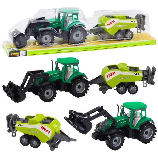 Zelený traktor s nakladačem a kompatibilním lisem na balíky