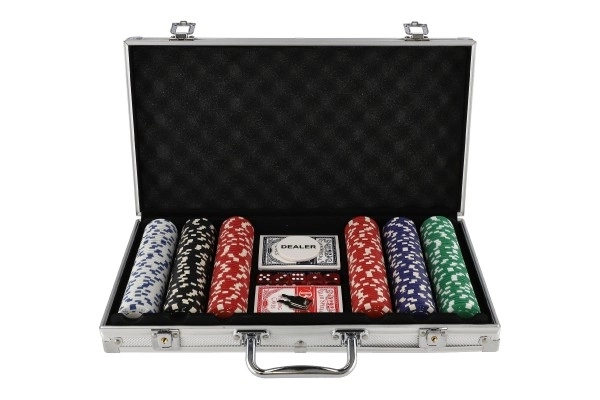 Poker sada 300ks + karty + kostky v hliníkovém kufříku v krabici 40x24x8cm