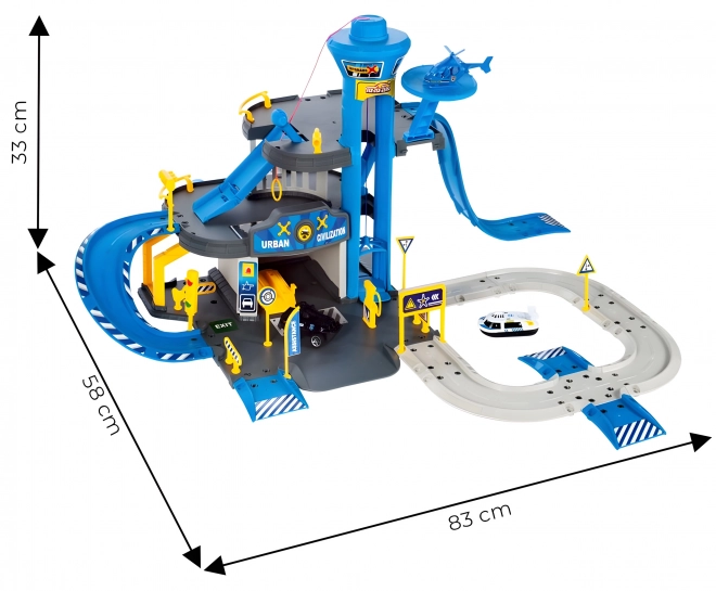 Garáž policejní stanice, 3 podlaží s výtahem, auta + vrtulník, 74 kusů