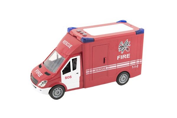 Auto hasiči plast 28cm na setrvačník na baterie se zvukem se světlem v krabici 32x18x12cm