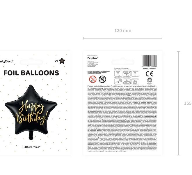 Černý fóliový balónek s hvězdou Happy Birthday - 40 cm
