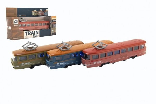 Vlak/tramvaj kov/plast 17cm na zpětný chod na bat. se zvukem se světlem v krabičce 22x13x6cm