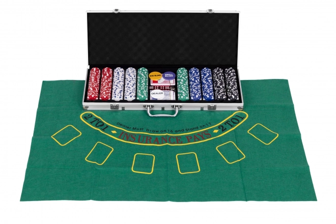 Blackjack Poker Set 500 žetonů 2 balíčky karet Hrací podložka Uzamykatelné pouzdro na přenášení