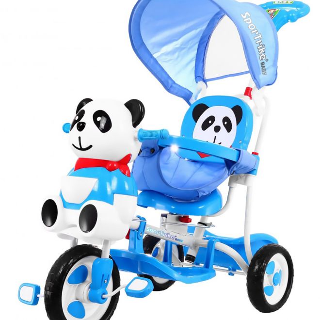 Dětské tříkolové kolo Panda Blue + zvuky + stříška + zábrana + opěrka nohou + rukojeť + ližiny + úložný prostor