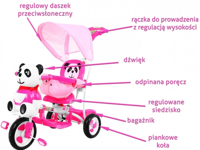 Dětské tříkolové kolo Panda Pink + zvuky + stříška + zábrana + opěrka nohou + rukojeť + ližiny + úložný prostor