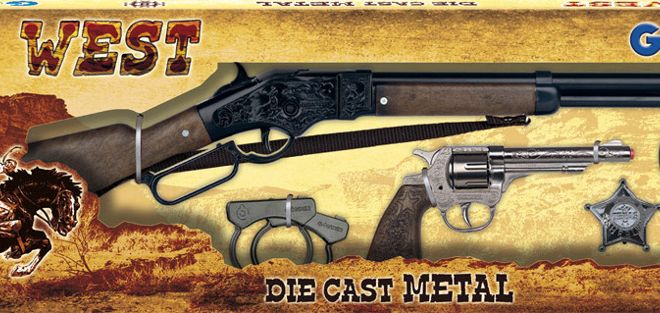 Kovbojská sada velká - puška, revolver, pouta, šerifská hvěz