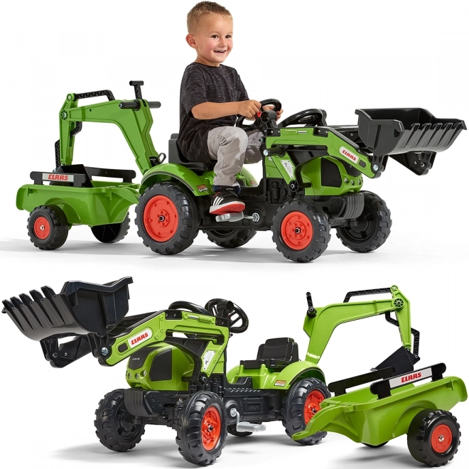 Šlapací traktor Claas Arion 410 s radlicí a zadní lžící a valníkem zelený