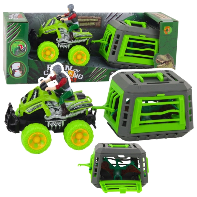Quad s řidičem a klecí na dinosaura