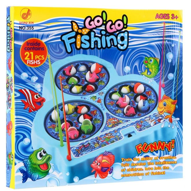 Arkádová hra Chytání ryb pro děti 3+ modrá + 21 barevných ryb + 4 rybářské pruty + deska se 3 jezery
