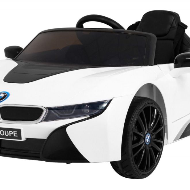 BMW I8 Lift Battery Car White + dálkové ovládání + pomalý start + 3bodové pásy + MP3 USB + LED dioda