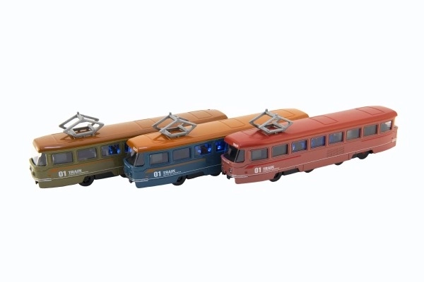 Vlak/tramvaj kov/plast 17cm na zpětný chod na bat. se zvukem se světlem v krabičce 22x13x6cm