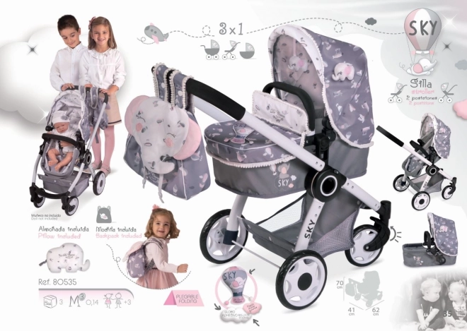 DeCuevas 80535 Skládací kočárek pro panenky 3 v 1 s batůžkem SKY 2020 - 70 cm