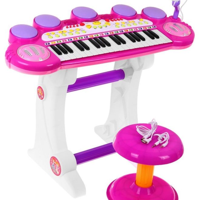Růžová hudební sada Klávesy + bubny + mikrofon pro děti 3+ Světla + zvuky 3 oktávy