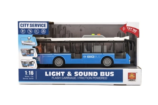 Autobus plast 28cm modrý na setrvačník na bat. se světlem se zvukem v krabici 32x17x11cm