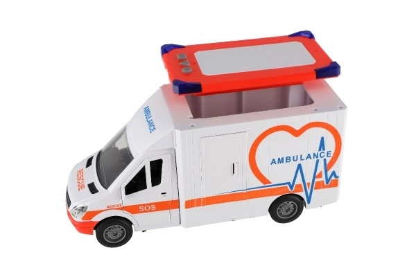 Auto ambulance plast 28cm s lehátkem na setrvačník se světlem se zvukem v krabici 39x18x12cm