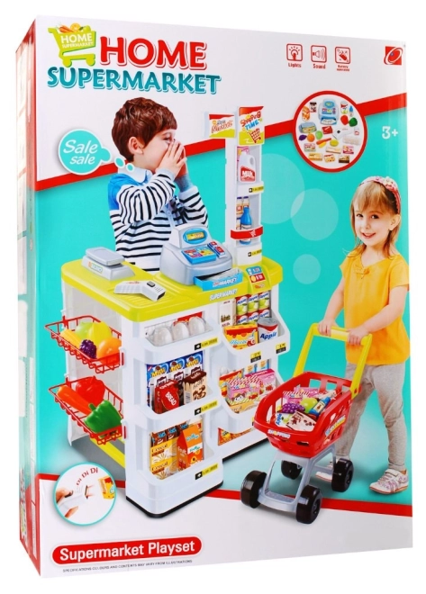 Dětský interaktivní supermarket s nákupním košíkem 24 dílů – Žlutý
