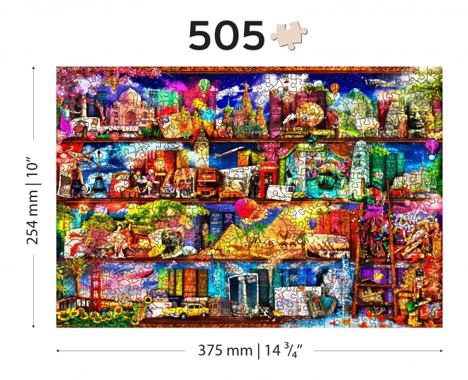 WOODEN CITY Dřevěné puzzle Police na knihy o cestování 2v1, 505 dílků EKO