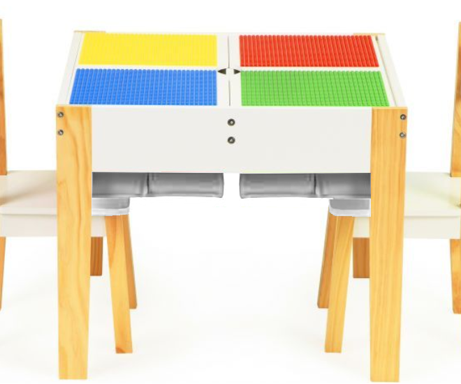 ECOTOYS Dětský dřevěný stůl s hrací deskou a dvěma židličkami