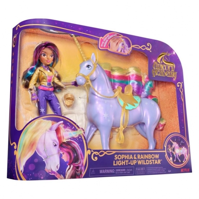 UNICORN ACADEMY SVĚTELNÝ JEDNOROŽEC WILDSTAR S PANENKOU SOPHIA 24cm