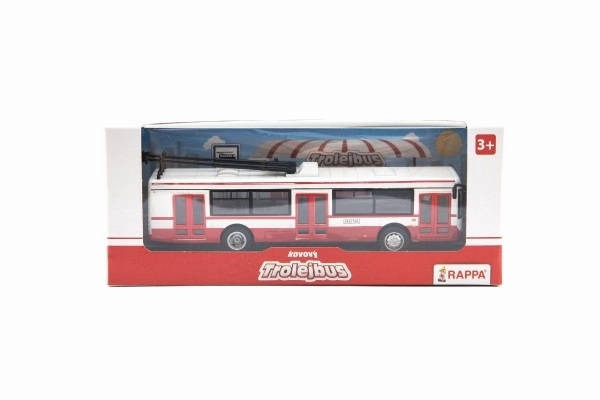 Trolejbus český kovový červený 16cm na zpětný chod v krabičce 20x8x6cm CZ design