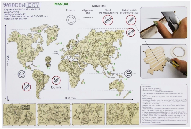 WOODEN CITY Dřevěná mapa se zvířátky velikost L (83x55cm)