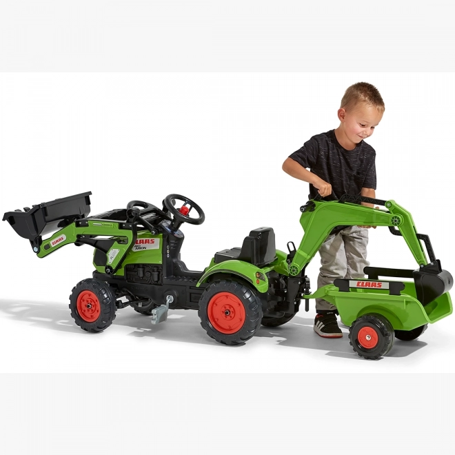 Šlapací traktor Claas Arion 410 s radlicí a zadní lžící a valníkem zelený