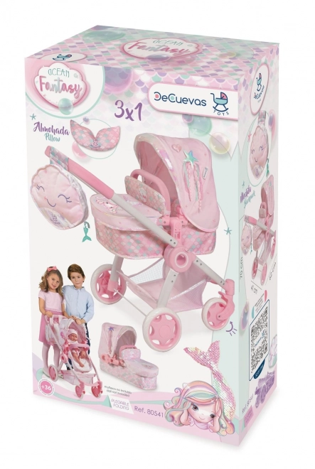DeCuevas 80541 Skládací kočárek pro panenky 3 v 1 s batůžkem Ocean Fantasy 2021 - 70 cm