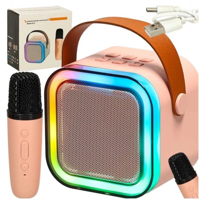 Karaoke set mikrofon + přenosný reproduktor BLUETOOTH USB LED růžový