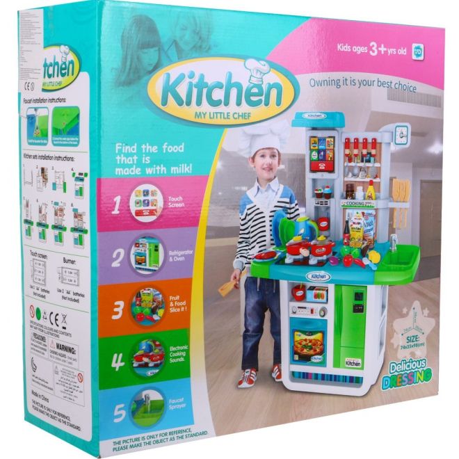 Obrovská modrá kuchyňka pro děti 3+ Interaktivní hořáky + Vodovodní kohoutek + Audio panel + Příslušenství