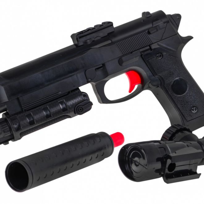 Pistole s příslušenstvím pro děti 6+ Imitace M92 + tlumič + mířidla + kuličky s hydrogelem