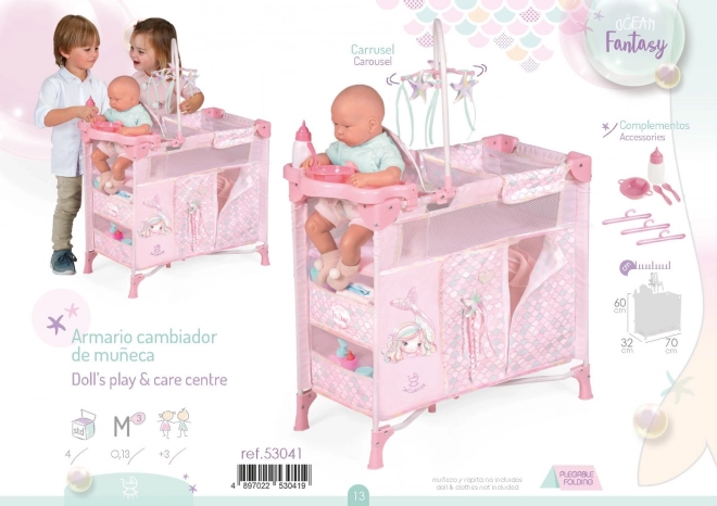 DeCuevas 53041 Skládací postýlka pro panenky s 5 funkčními doplňky Ocean Fantasy 2021