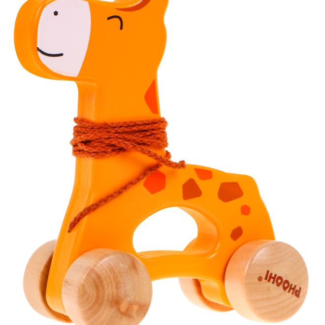 Dřevěná mini žirafa na provázku pro děti 12m+ Hračka na kolečkách