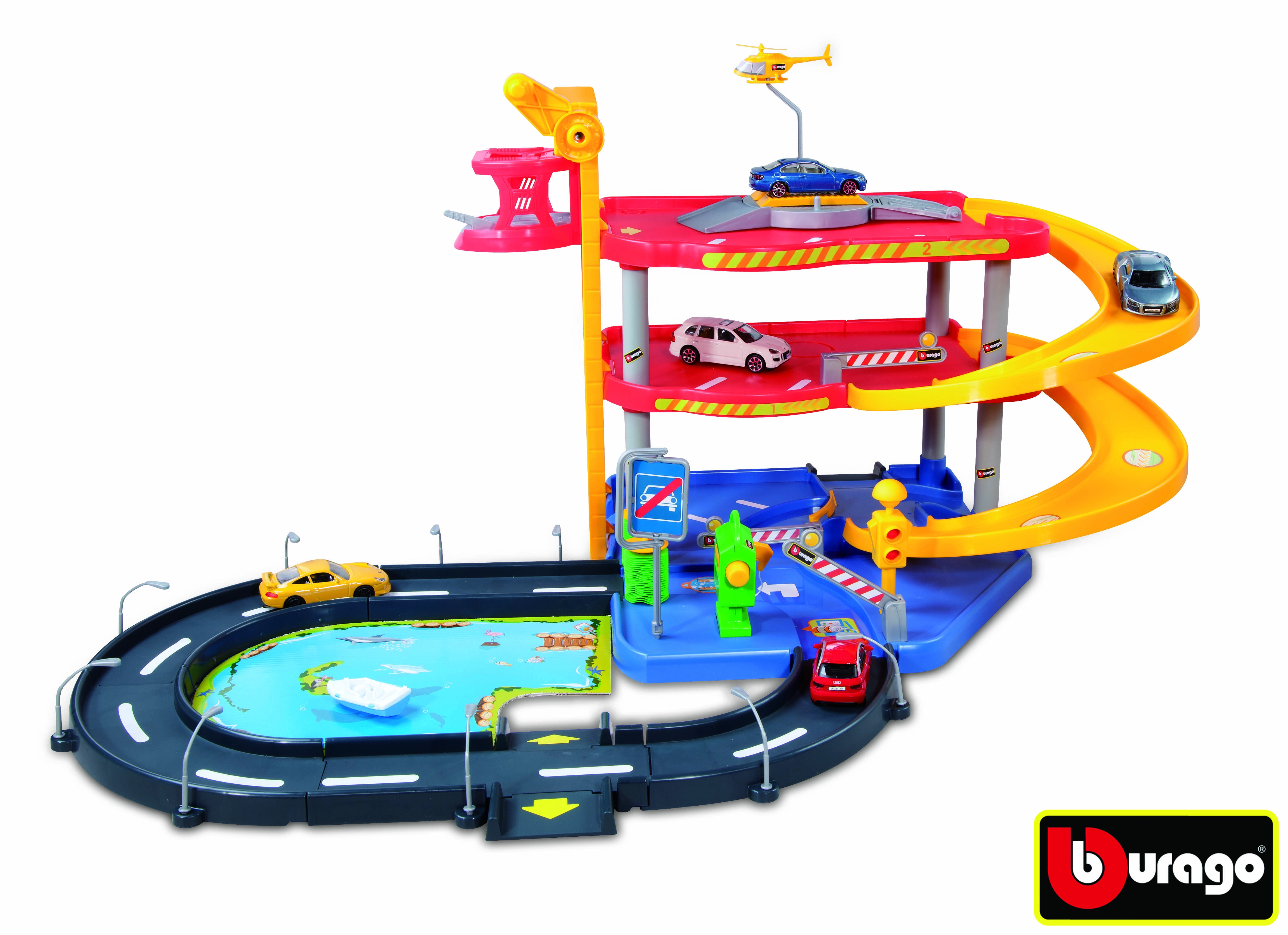 Bburago Street Fire Street Parking Playset garáž s dvoma autami