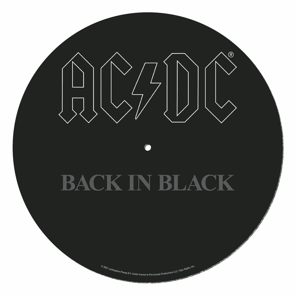 CurePink: | Podložka na talíř gramofonu AC/DC: Back In Black (průměr 30,5 cm) [GP86036]