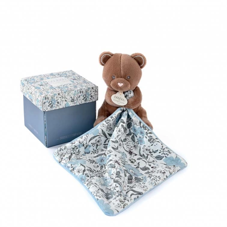 Doudou et Compagnie Plyšový medvedík na maznanie Bear Boh'aime hnedo modrý 12 cm DC4019