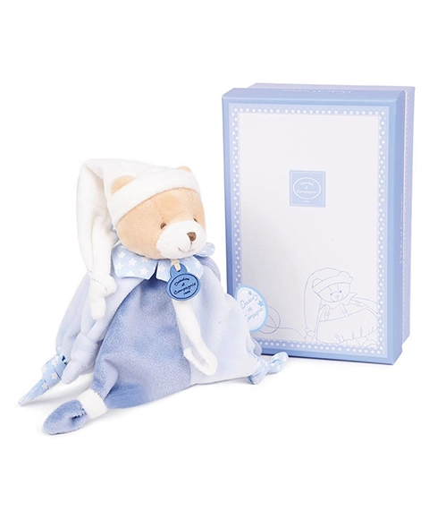 Doudou et Compagnie medvedík s klipom na cumlík Ours Petit Chou Doudou Dummy Holder v darčekovom balení modrý DC2714 17 cm