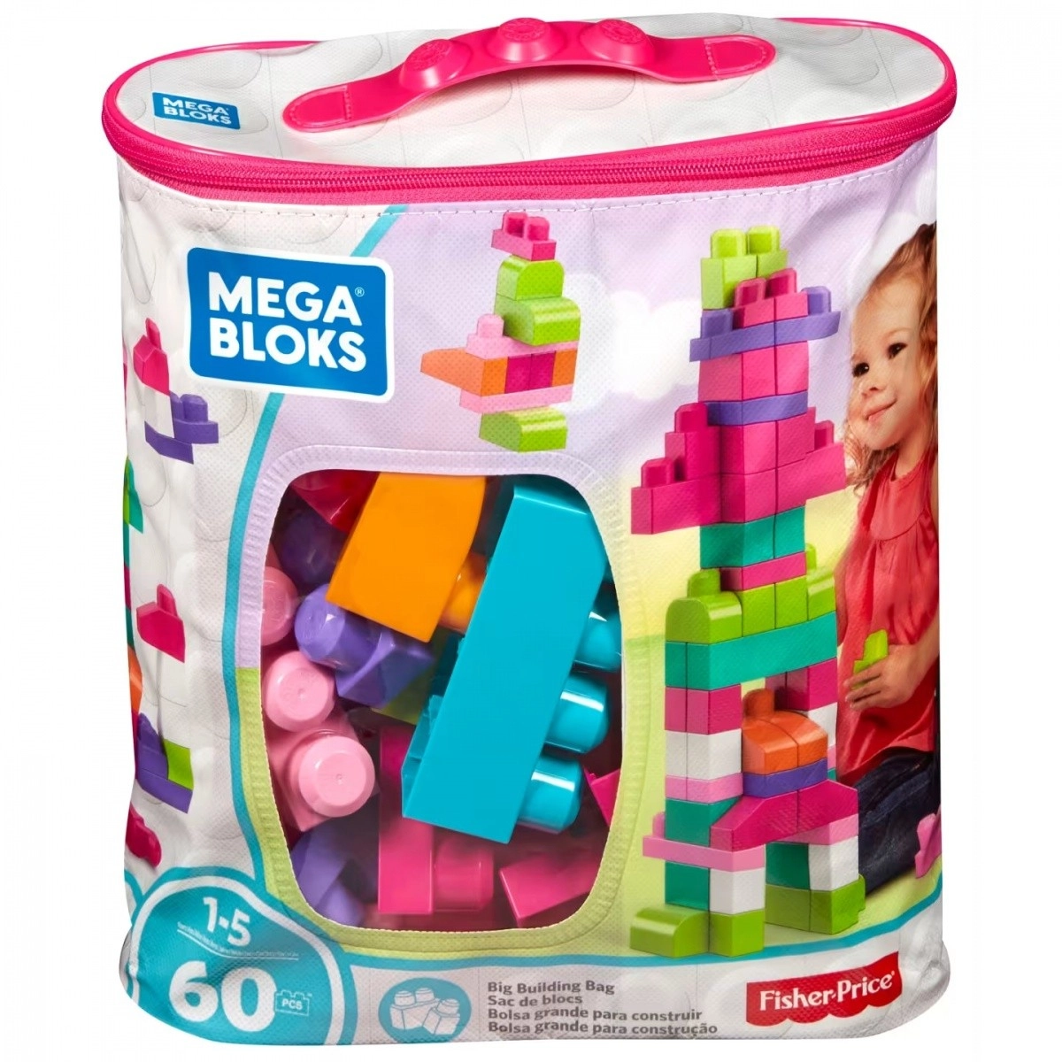 Mega Bloks Kostky v plastovém pytli růžová 60 ks